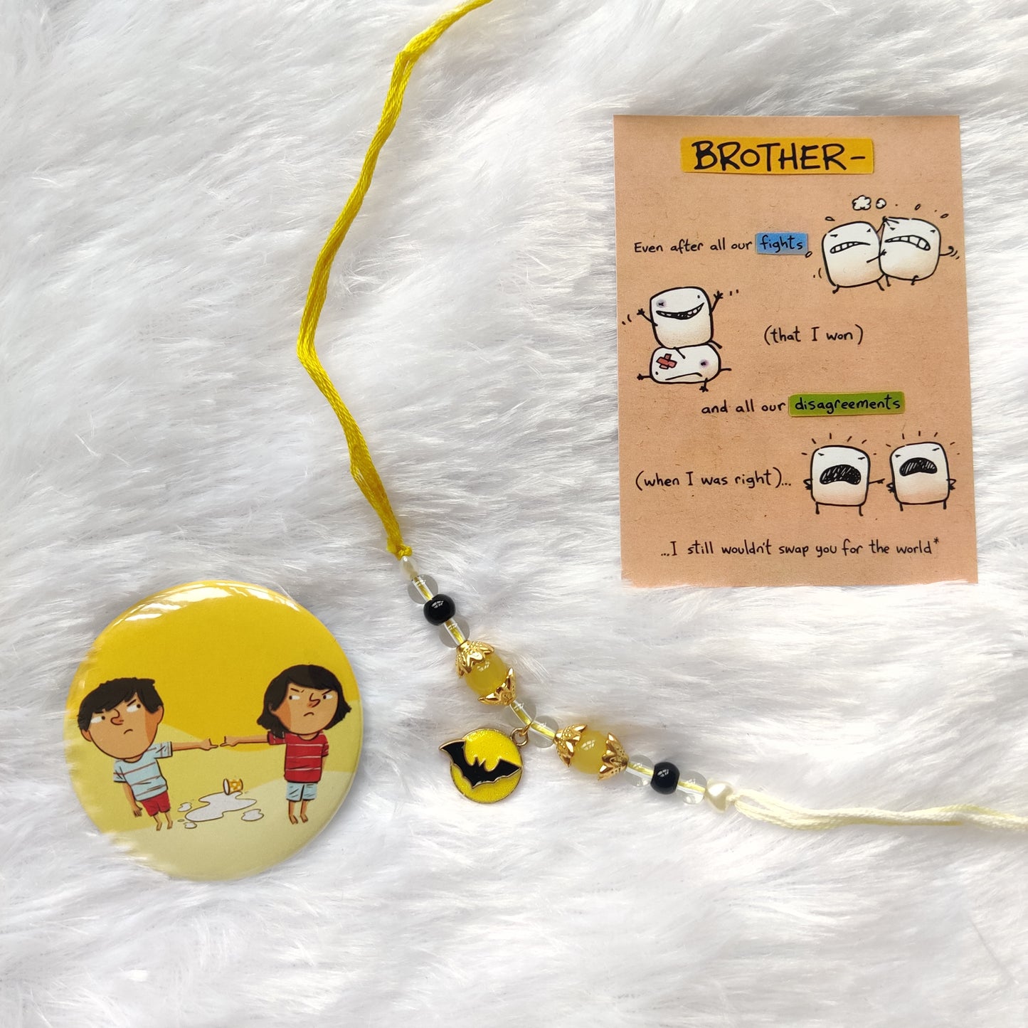 Handmade Batman Rakhi with Reusable Enamel Charm – Gift Set with Postcard, Badge & Ritual Essentials