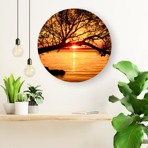 Sunset through the old tree printed wooden painting - 12 inch