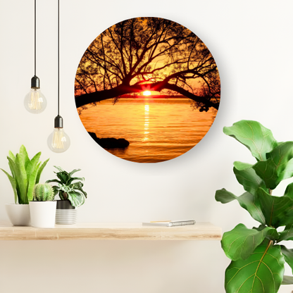 Sunset through the old tree printed wooden painting - 12 inch