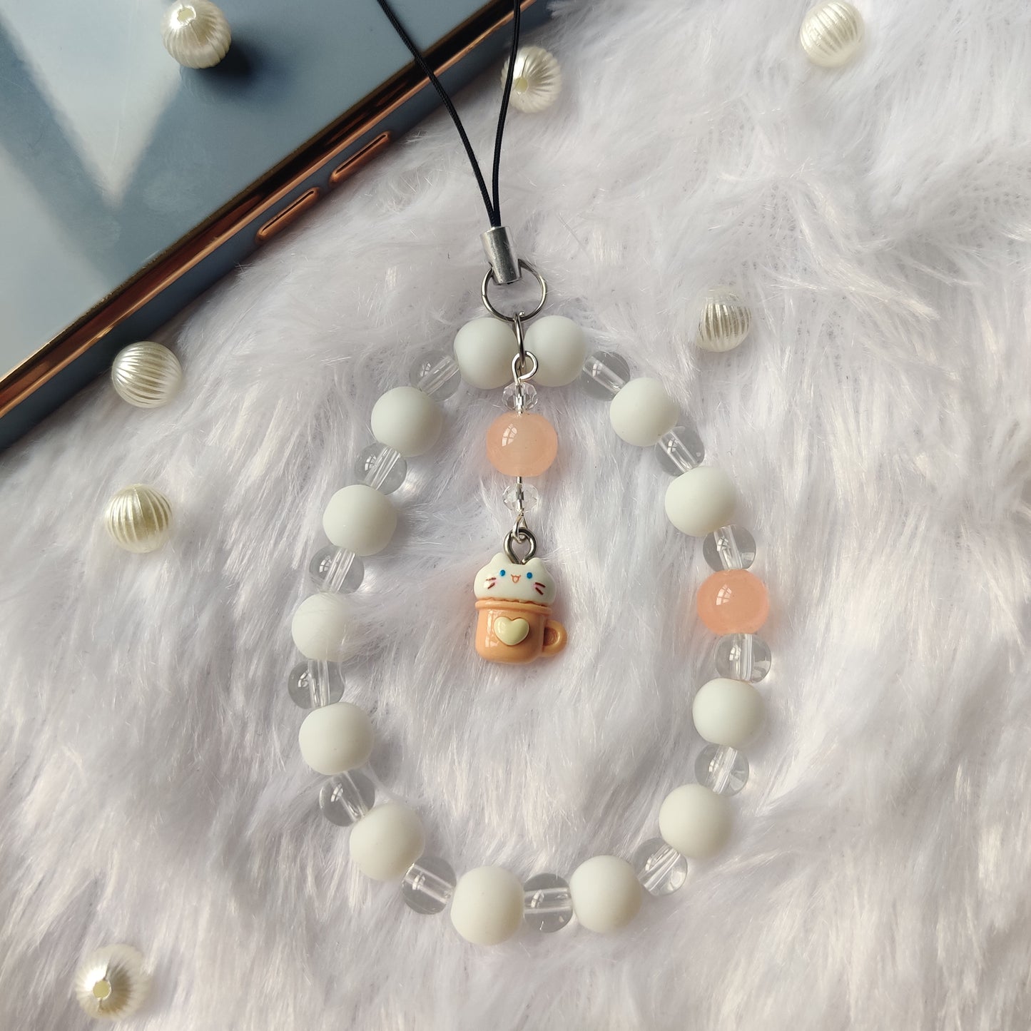 Handmade Aesthetic Cat in Cup Beaded Mobile Phone Charm