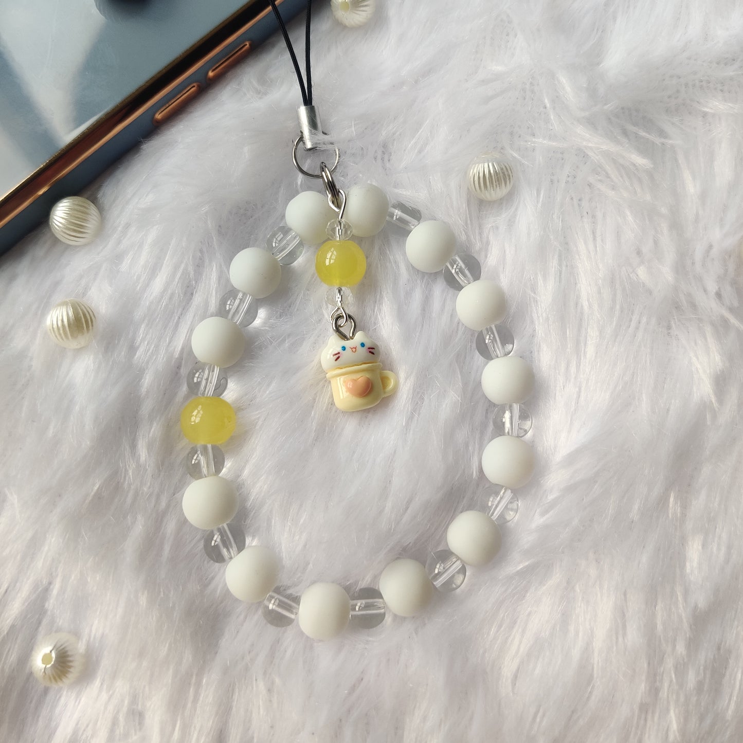 Handmade Aesthetic Cat in Cup Beaded Mobile Phone Charm