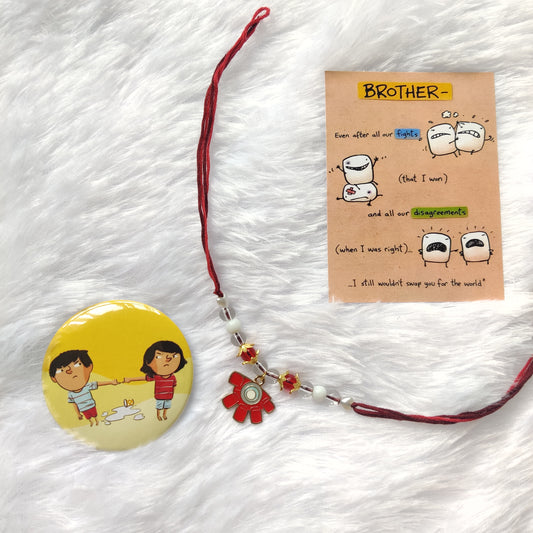 Handmade Ironman Rakhi with Reusable Enamel Charm – Gift Set with Postcard, Badge & Ritual Essentials