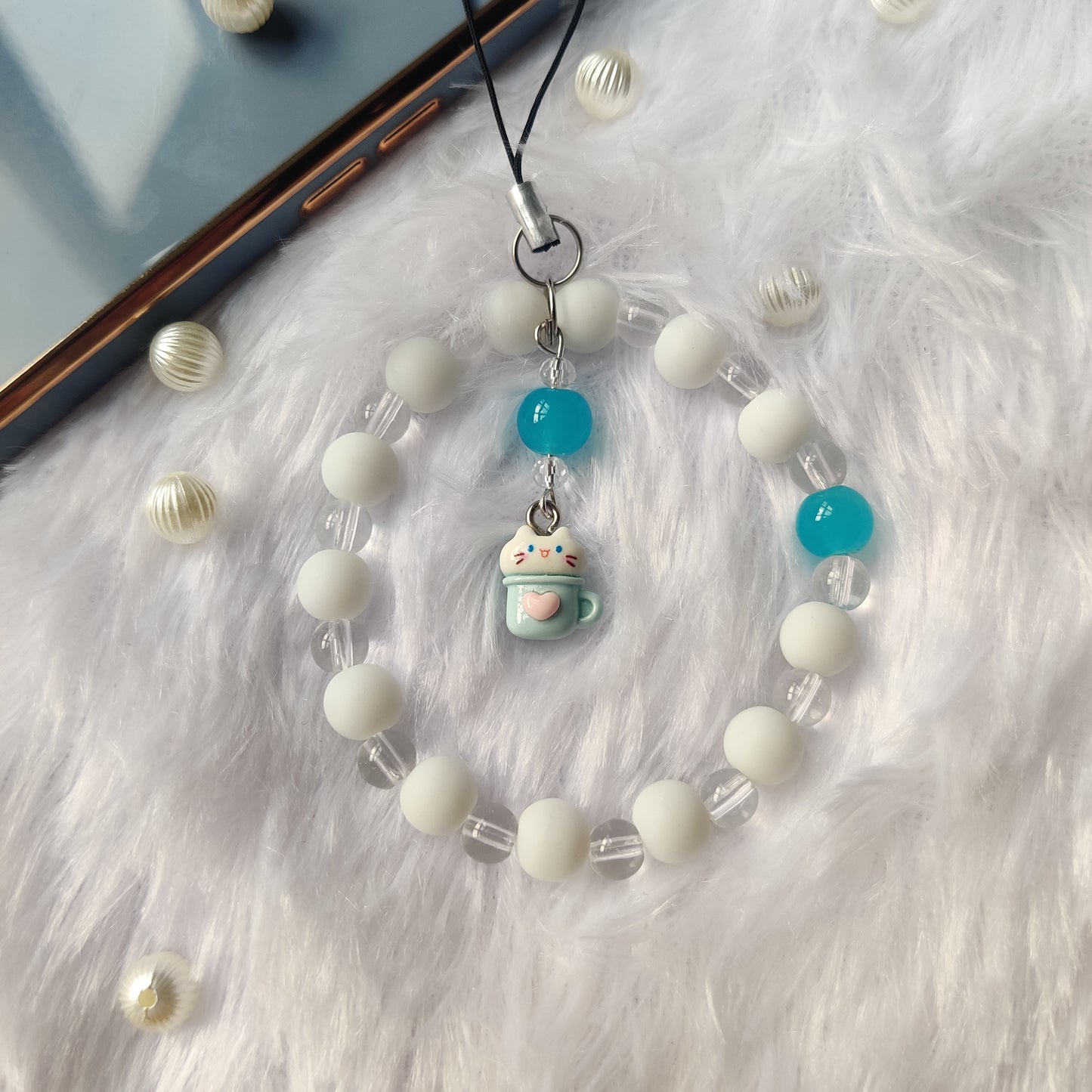 Handmade Aesthetic Cat in Cup Beaded Mobile Phone Charm