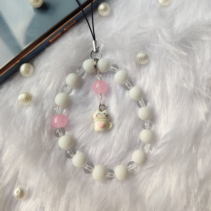 Handmade Aesthetic Cat in Cup Beaded Mobile Phone Charm