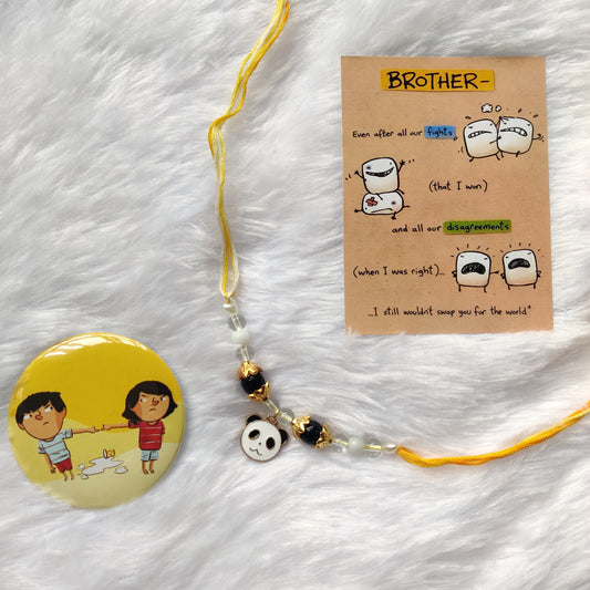 Handmade Panda Rakhi with Reusable Enamel Charm – Gift Set with Postcard, Badge & Ritual Essentials