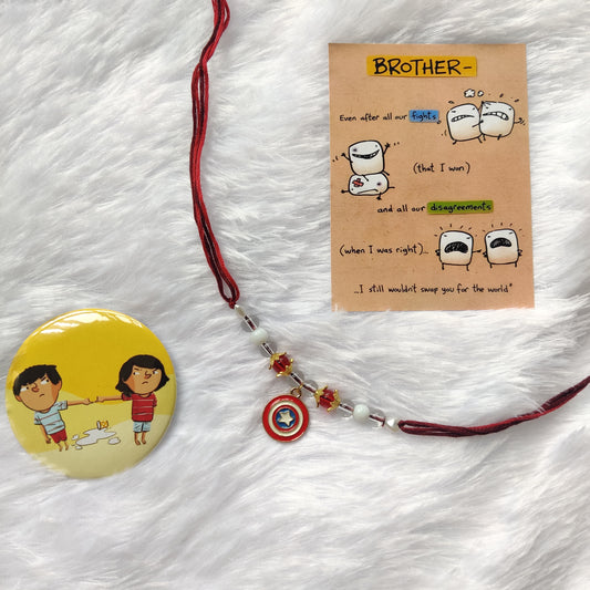 Handmade Captain America Rakhi with Reusable Enamel Charm – Gift Set with Postcard, Badge & Ritual Essentials