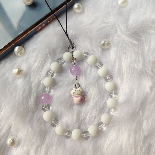 Handmade Aesthetic Cat in Cup Beaded Mobile Phone Charm