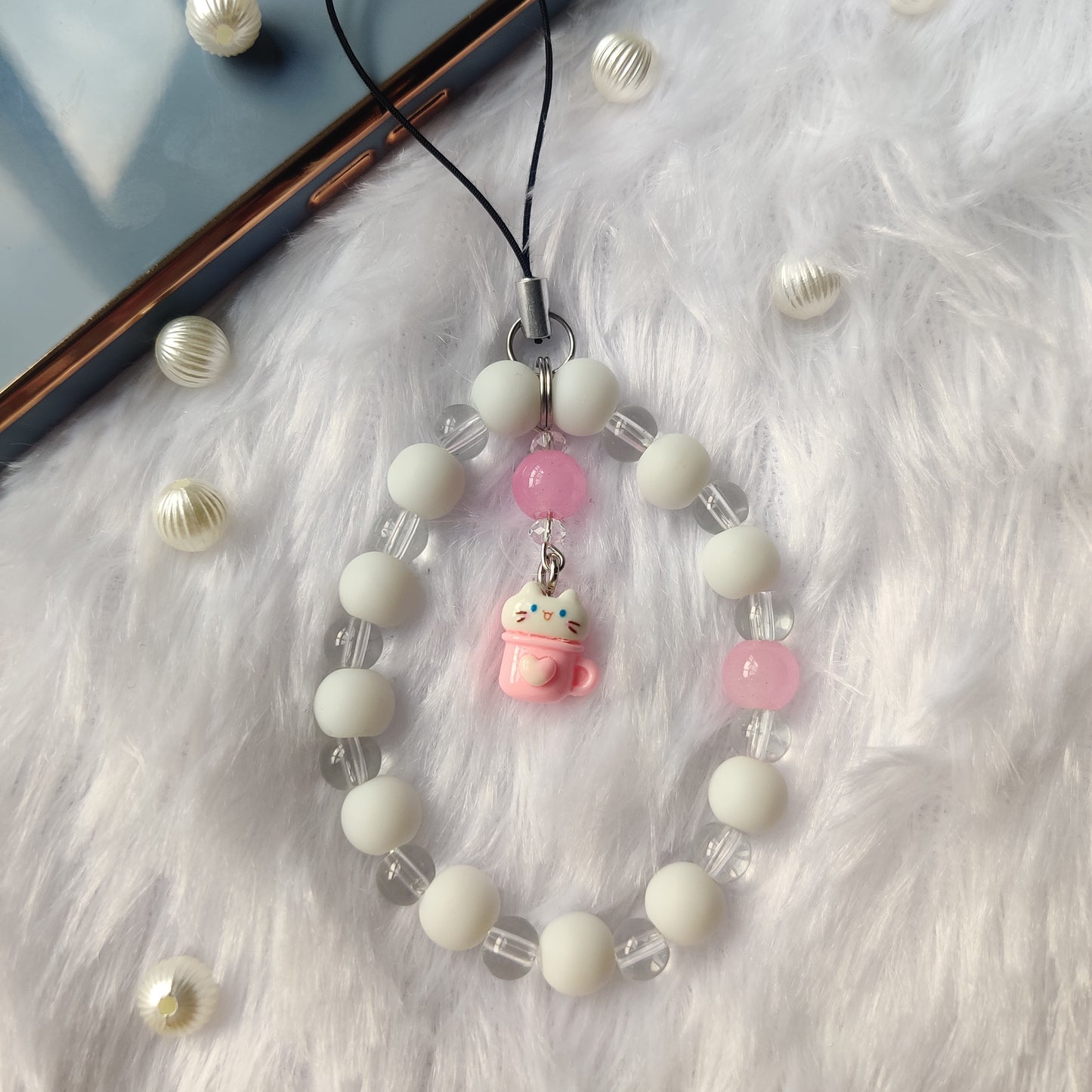 Handmade Aesthetic Cat in Cup Beaded Mobile Phone Charm
