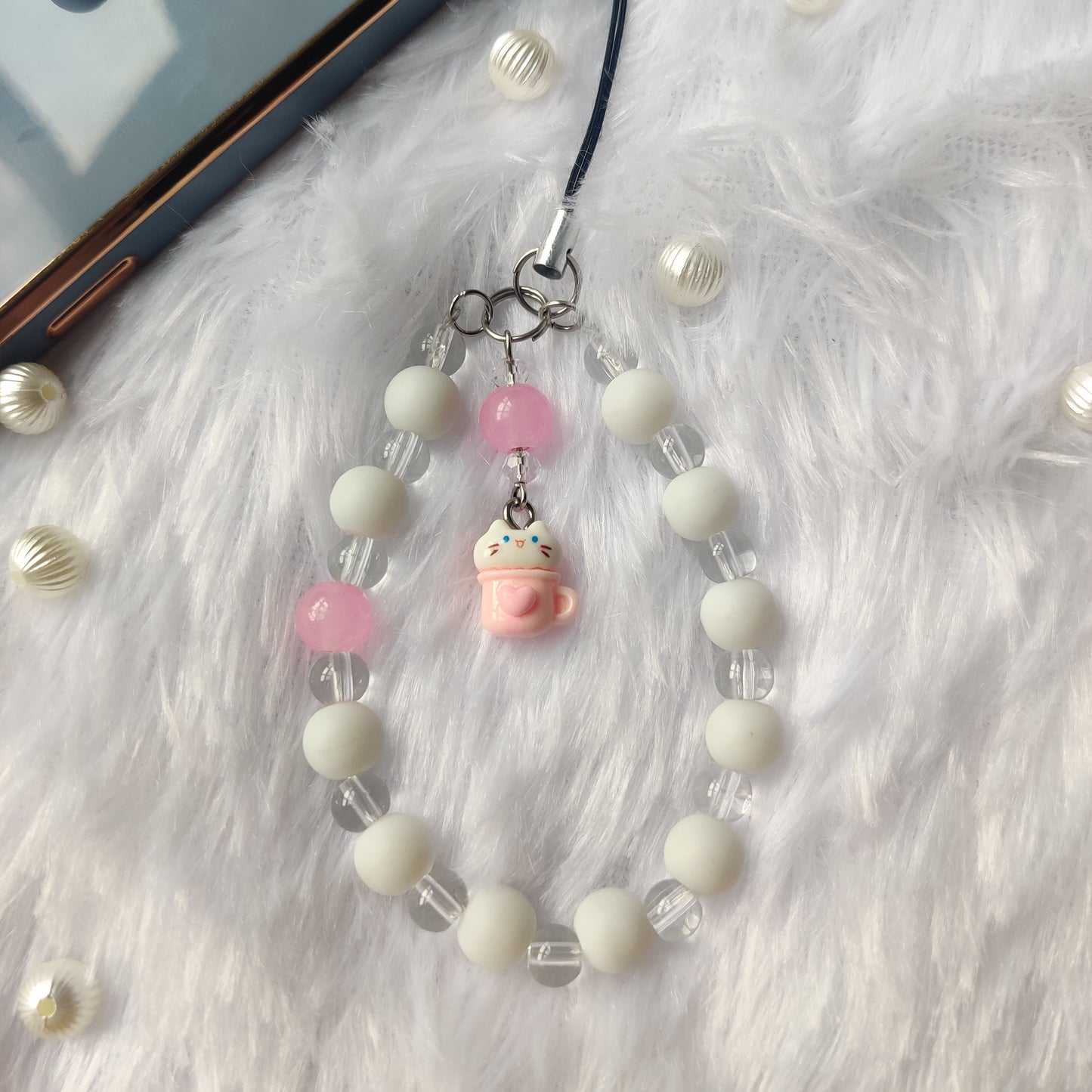 Handmade Aesthetic Cat in Cup Beaded Mobile Phone Charm